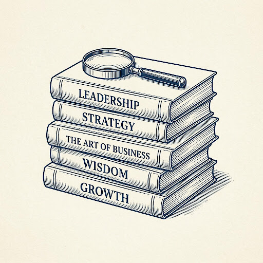 Vintage ink illustration of leadership books and magnifying glass