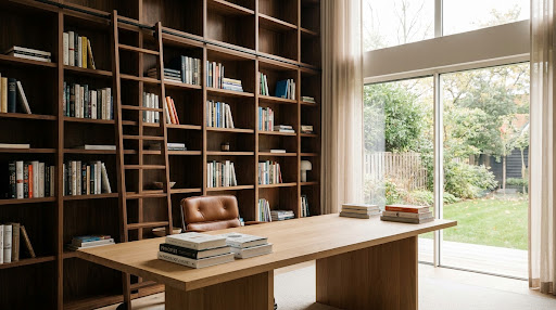 A serene personal library with wooden bookshelves and a rolling ladder